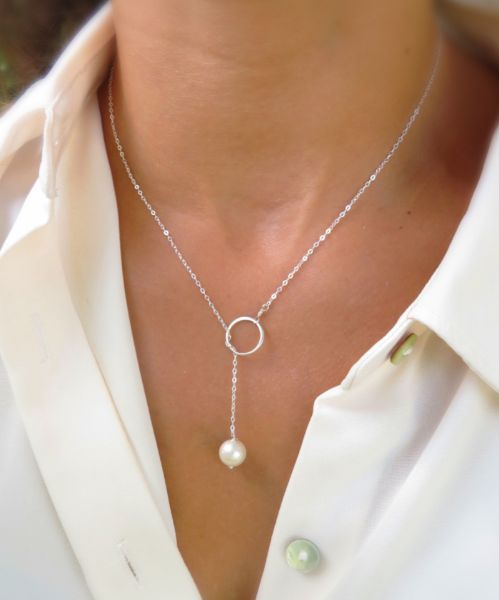 silver round pearl lariat